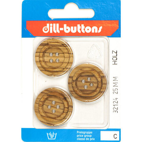 Dill Knoop Hout Kleur 4 gaats 25 mm - 3 stuks