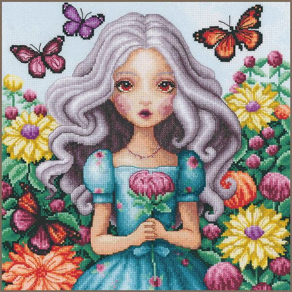 Lanarte Telpakket kit Meisje met dahlia's en vlinders ca. 29x29cm